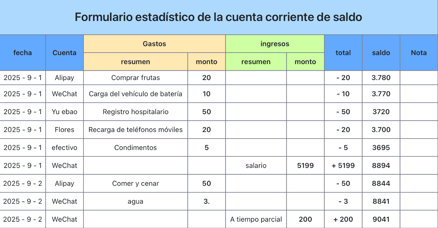 Formulario estadístico de la cuenta corriente de saldo